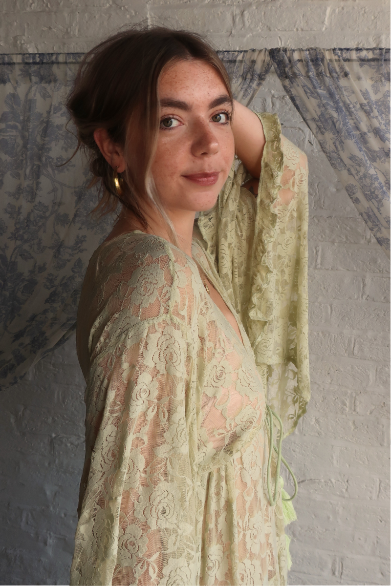 Circe Maxi Gown in Pistachio Green Chantilly Lace