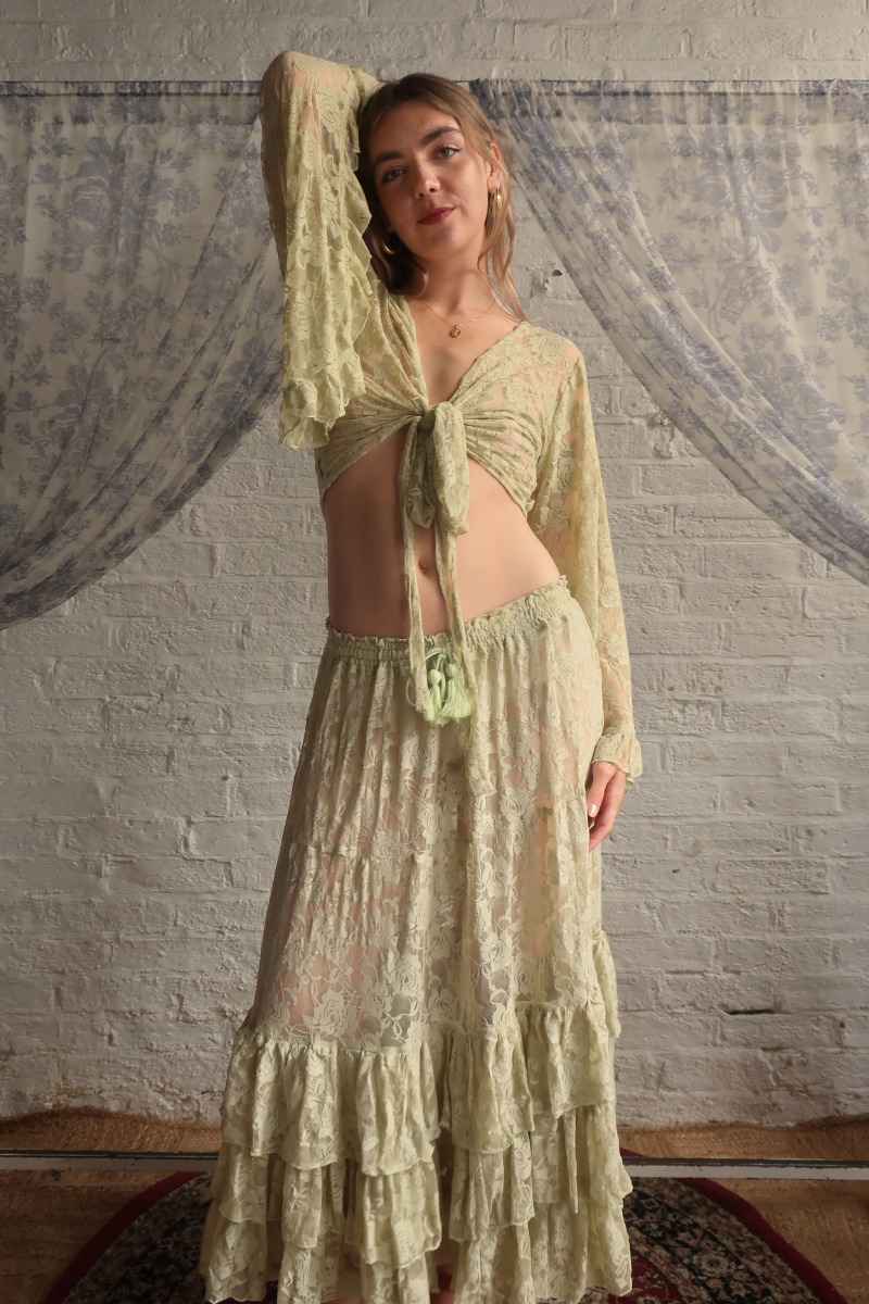 Wendy Maxi Skirt in Pistachio Green Chantilly Lace