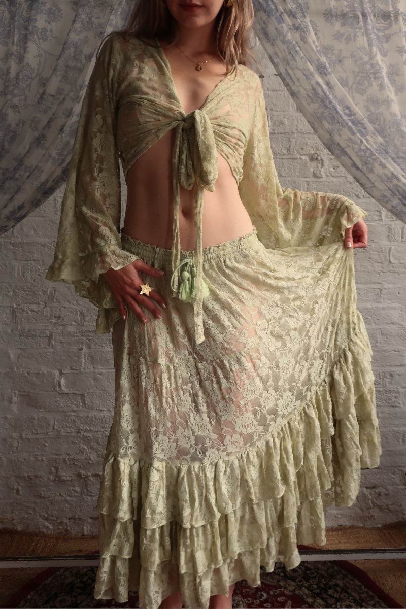 Wendy Maxi Skirt in Pistachio Green Chantilly Lace