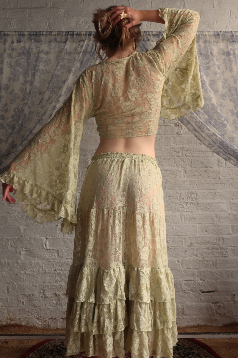Wendy Maxi Skirt in Pistachio Green Chantilly Lace
