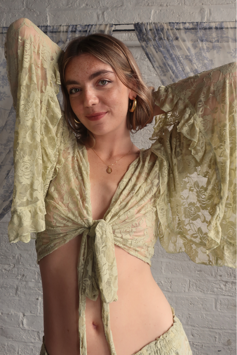 Venus Wrap Top in Pistachio Green Chantilly Lace