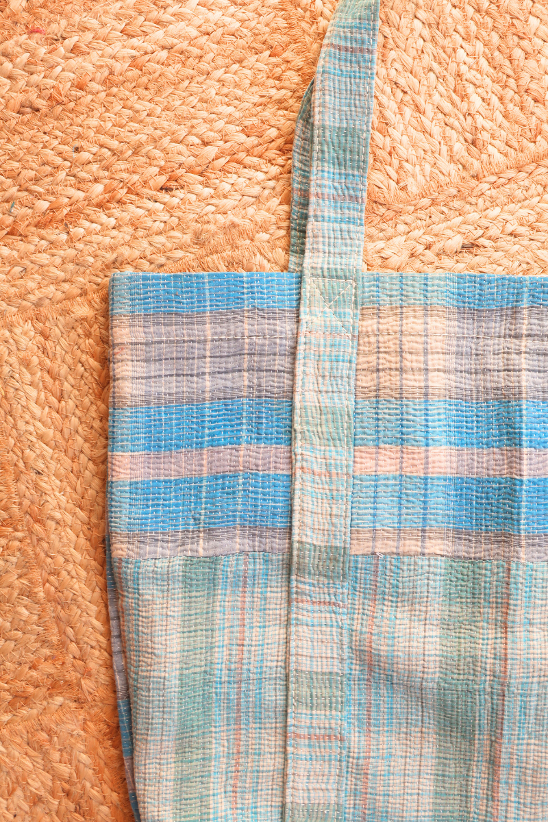 Vintage Kantha Tote Bag in Aquamarine & Beige Check by All About Audrey