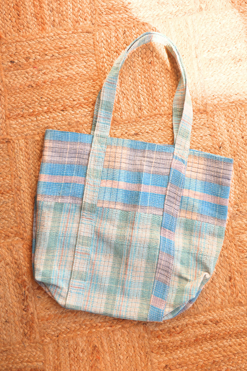 Vintage Kantha Tote Bag in Aquamarine & Beige Check by All About Audrey