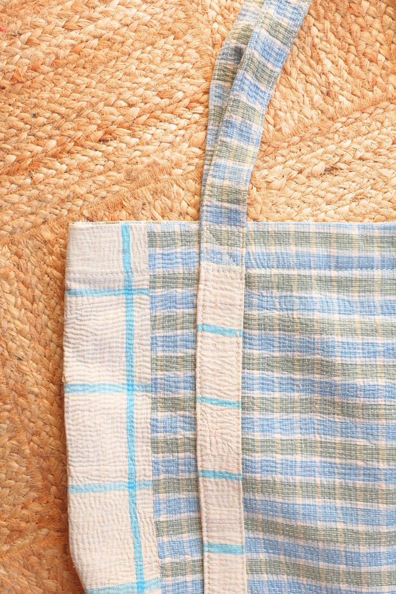 Vintage Kantha Tote Bag in Sky and Grey Small Check by All About Audrey