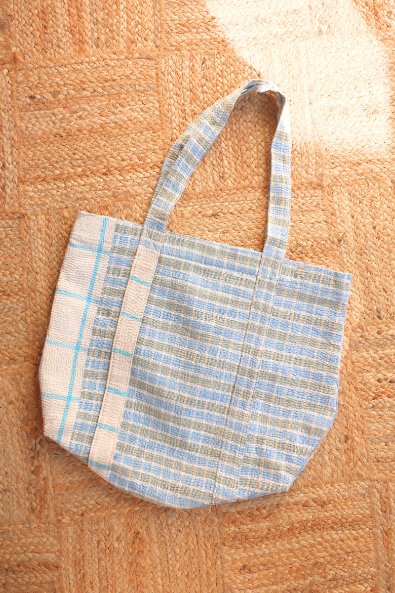 Vintage Kantha Tote Bag in Sky and Grey Small Check by All About Audrey