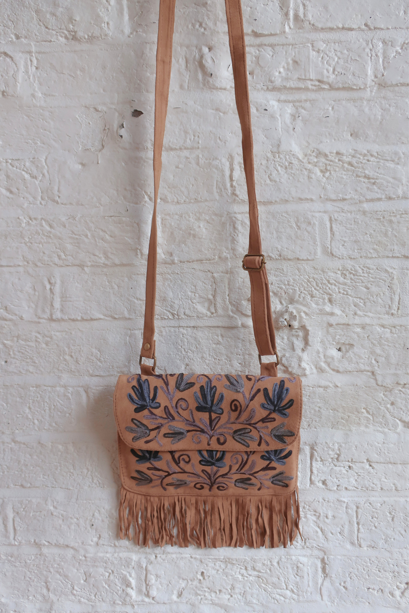 Zelda Embroidered Suede Saddle Bag in Camel & Oceanic Vines