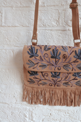 Zelda Embroidered Suede Saddle Bag in Camel & Oceanic Vines