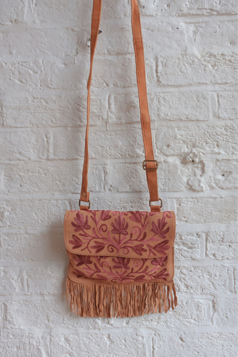 Zelda Embroidered Suede Saddle Bag in Camel & Amaranth Vines