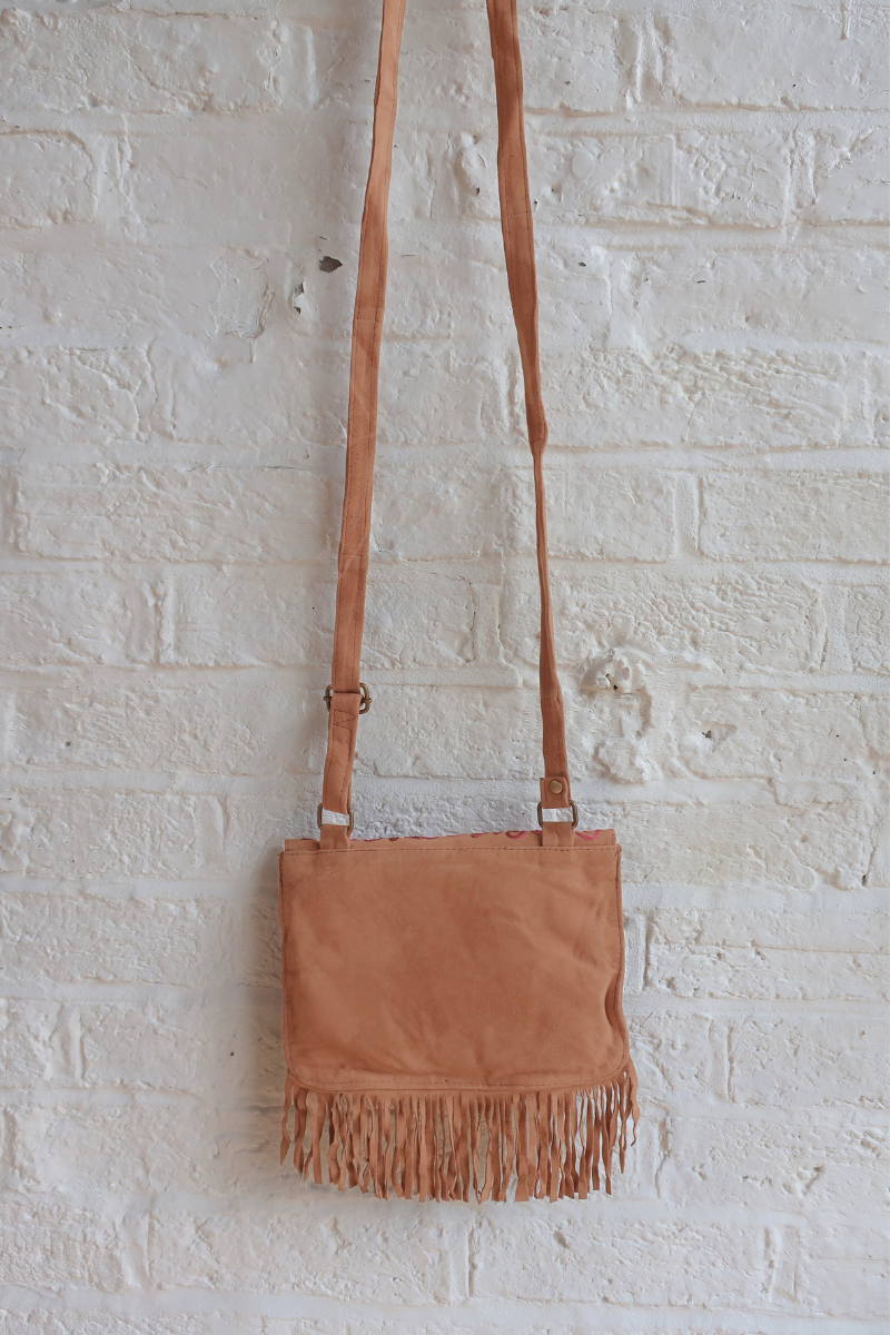 Zelda Embroidered Suede Saddle Bag in Camel & Amaranth Vines