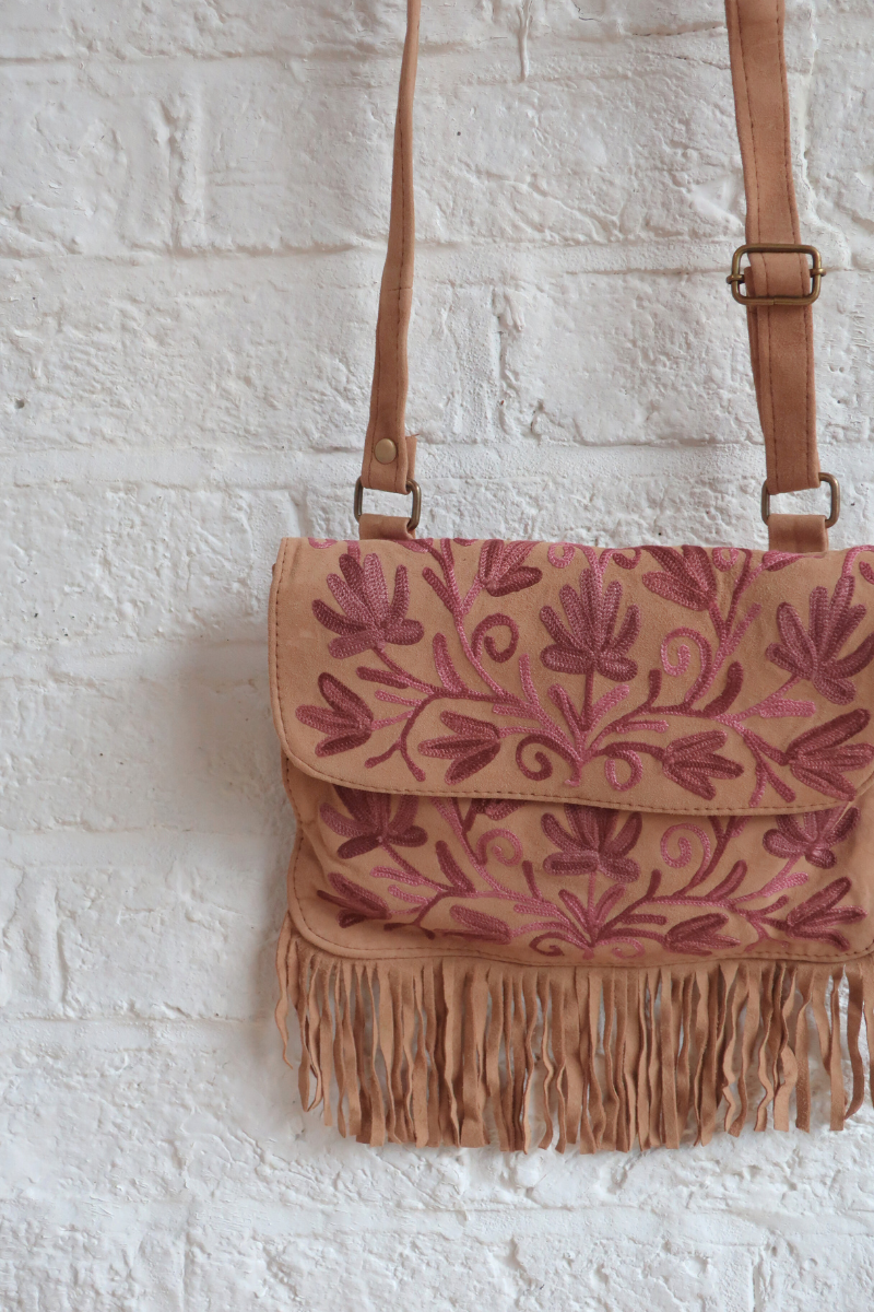 Zelda Embroidered Suede Saddle Bag in Camel & Amaranth Vines
