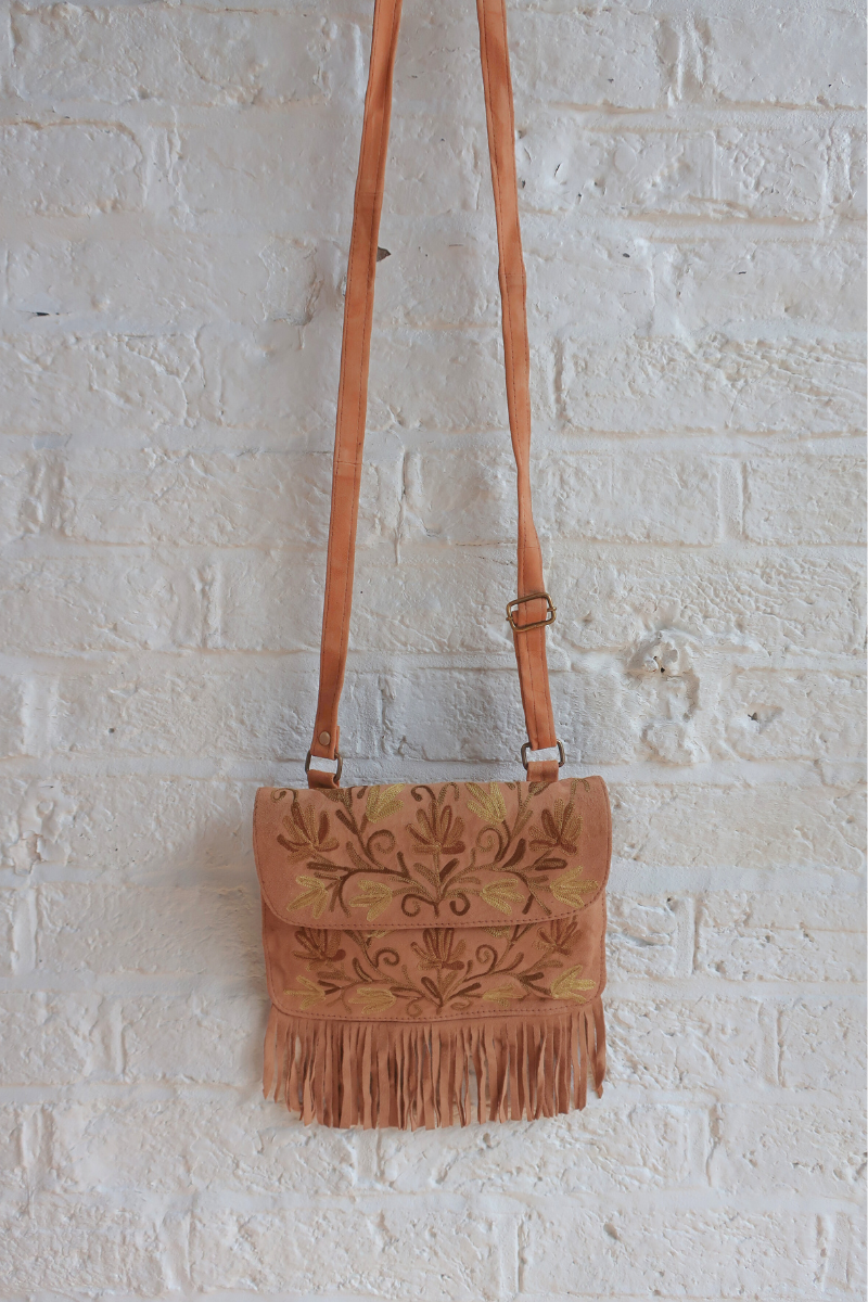 Zelda Embroidered Suede Saddle Bag in Camel & Dandelion Vines