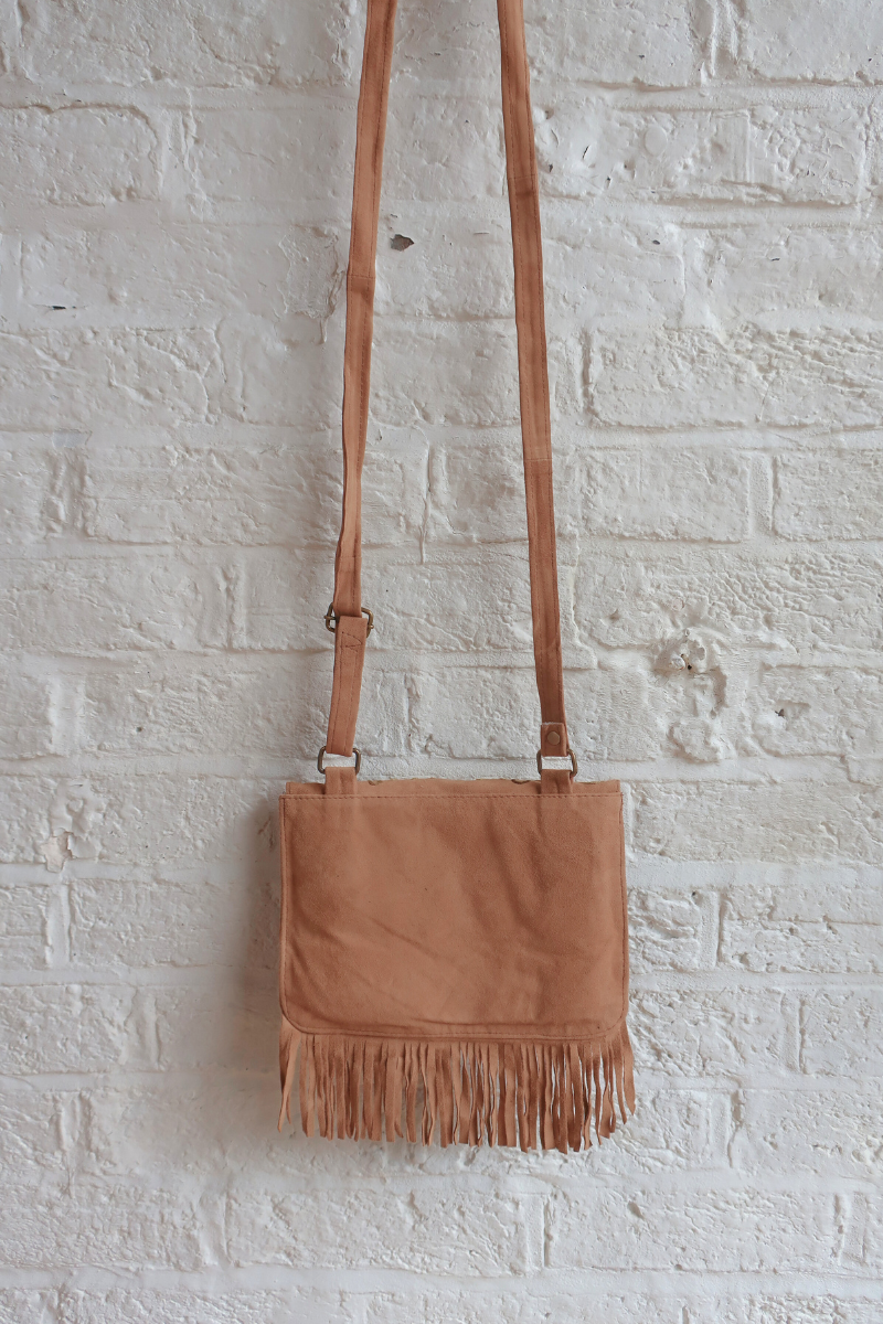 Zelda Embroidered Suede Saddle Bag in Camel & Dandelion Vines