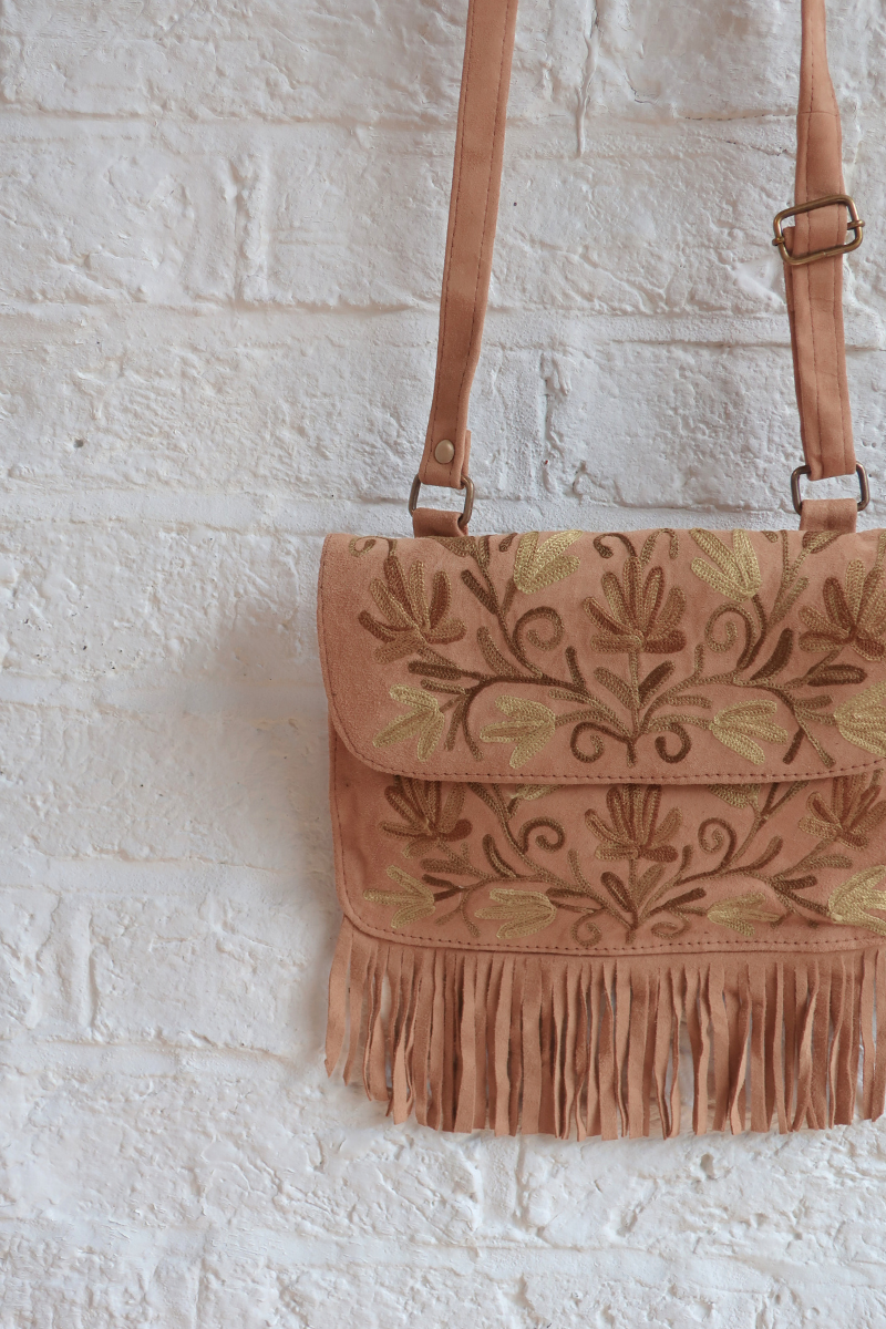 Zelda Embroidered Suede Saddle Bag in Camel & Dandelion Vines