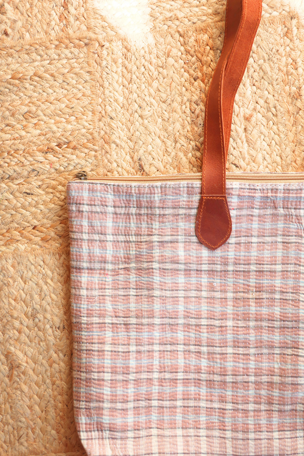 Vintage Kantha Leather Strap Tote Bag in Rosewood & Tan Plaid by All About Audrey