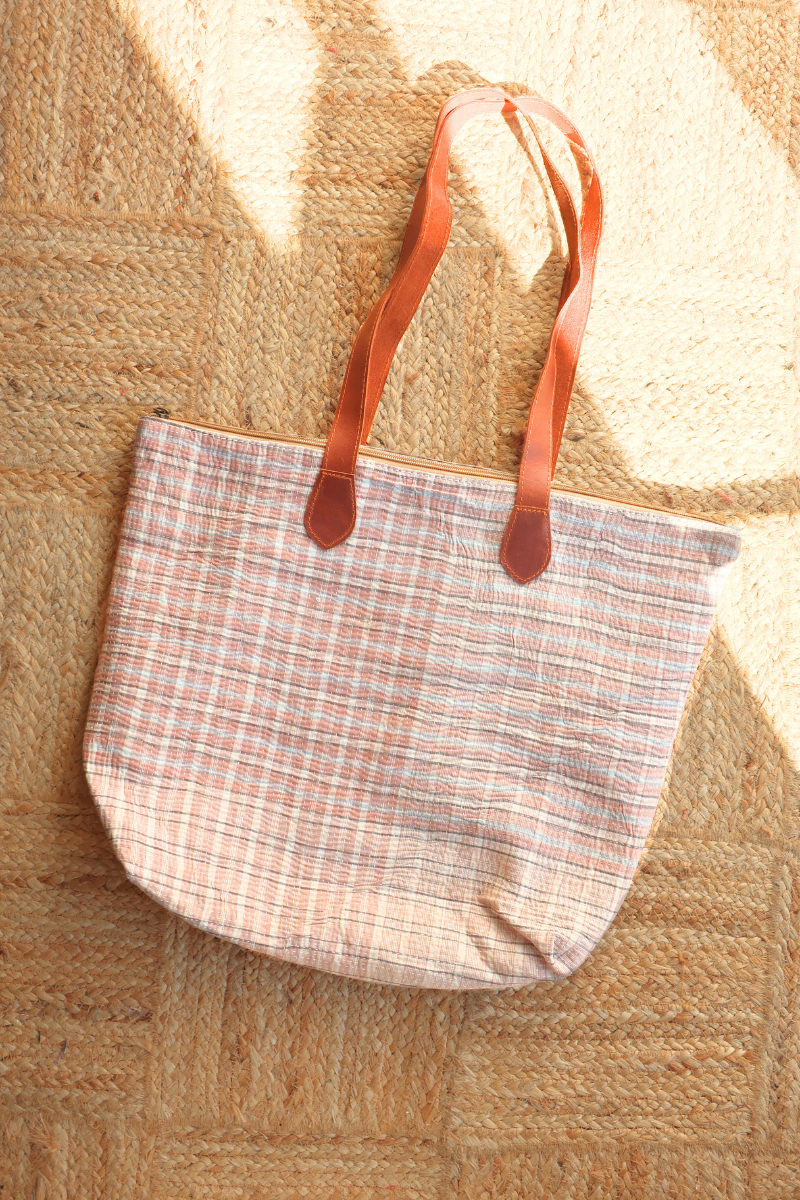 Vintage Kantha Leather Strap Tote Bag in Rosewood & Tan Plaid by All About Audrey