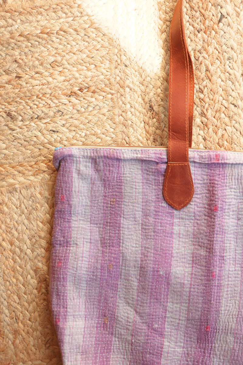 Vintage Kantha Leather Strap Tote Bag in Heather Stripe by All About Audrey