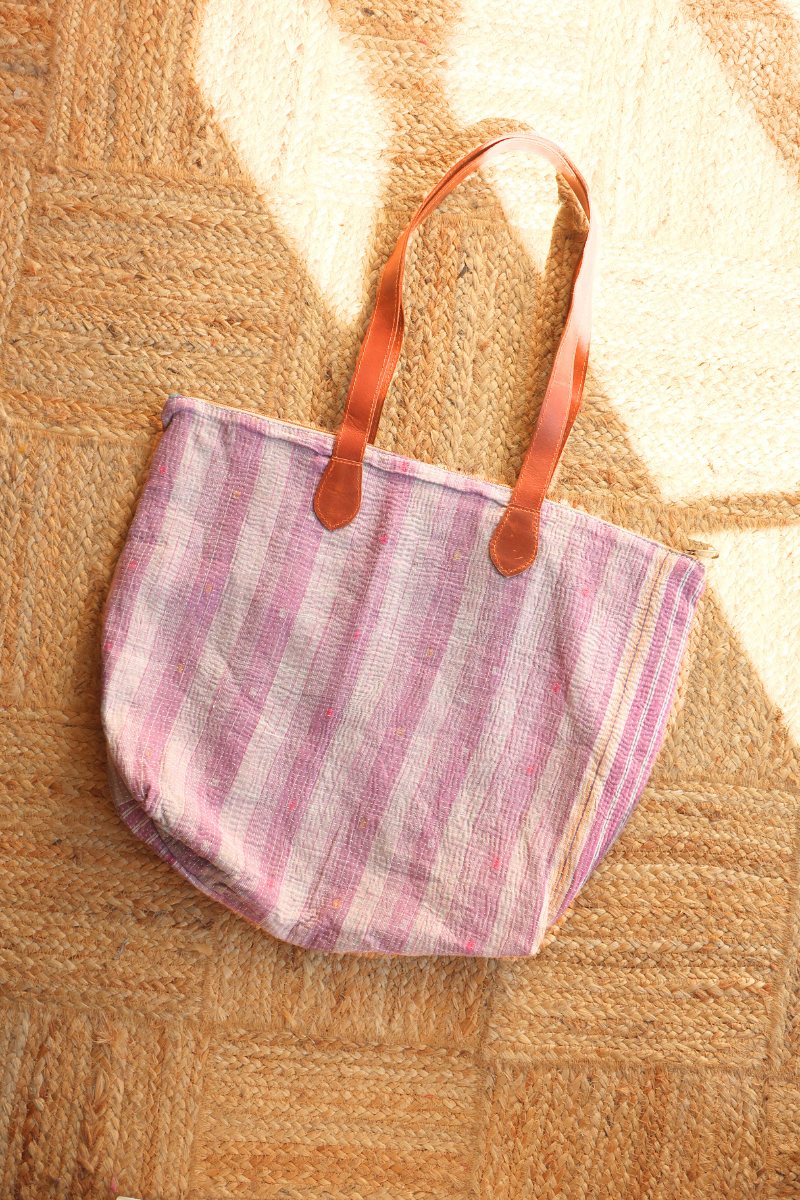 Vintage Kantha Leather Strap Tote Bag in Heather Stripe by All About Audrey