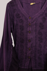 Embroidered Frill Sleeve Blouse in Jewelled Violet - Free Size