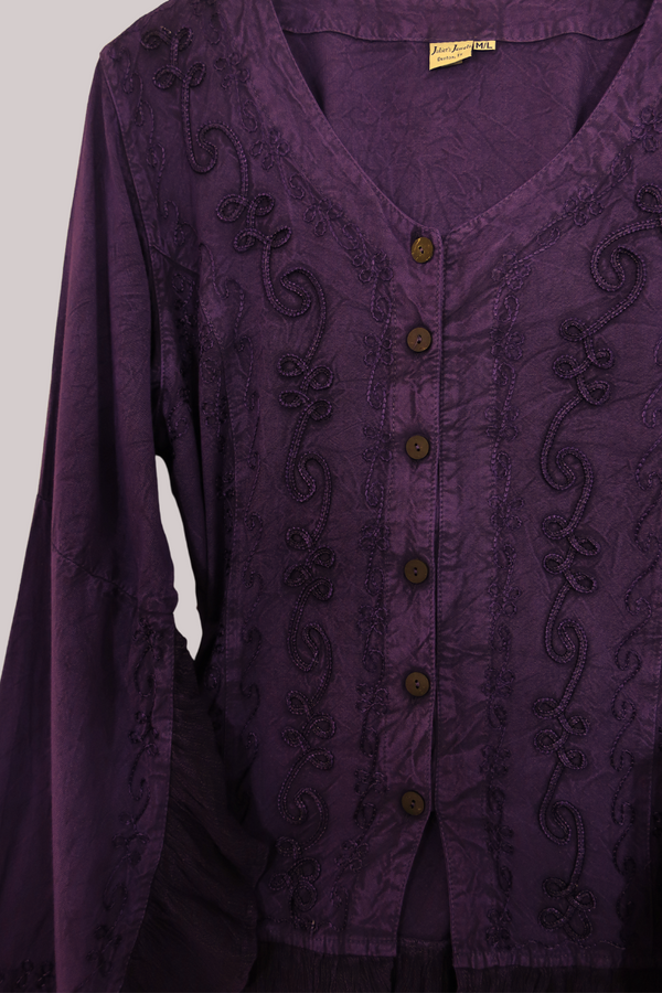 Embroidered Frill Sleeve Blouse in Jewelled Violet - Free Size