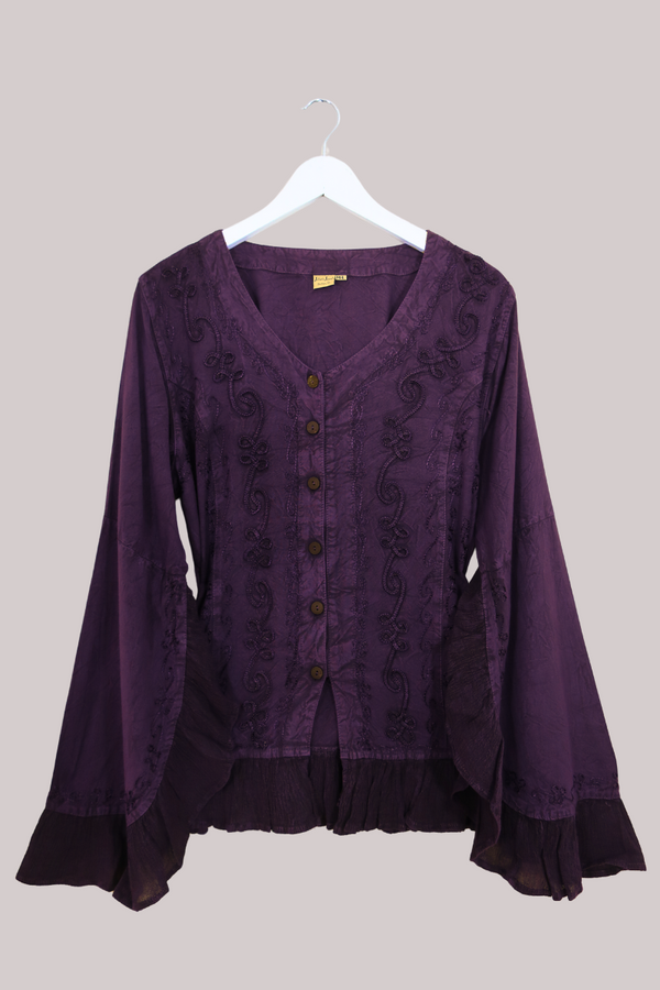 Embroidered Frill Sleeve Blouse in Jewelled Violet - Free Size
