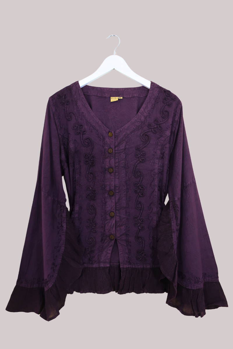 Embroidered Frill Sleeve Blouse in Jewelled Violet - Free Size