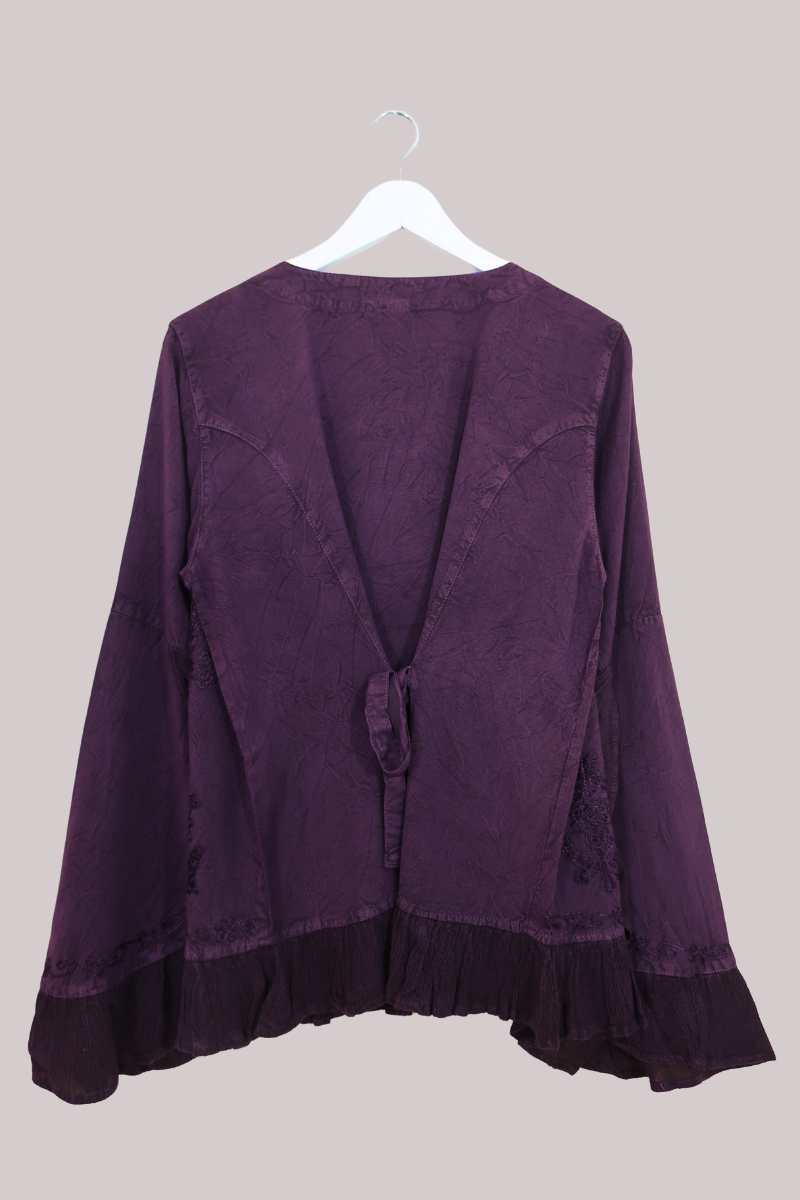 Embroidered Frill Sleeve Blouse in Jewelled Violet - Free Size