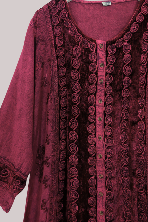 Indian Velvet Embroidered Kaftan in Jewelled Rouge by All About Audrey