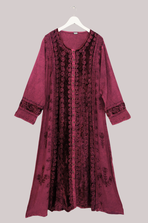 Indian Velvet Embroidered Kaftan in Jewelled Rouge by All About Audrey