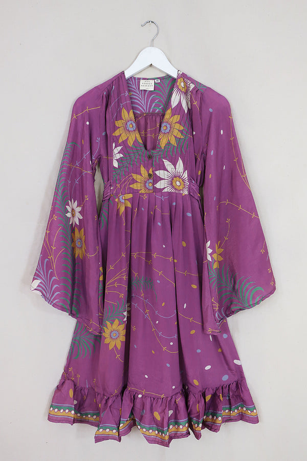 Lunar Mini Dress - Vintage Sari - Lilac Flower Vines - Size XXS Petite by All About Audrey