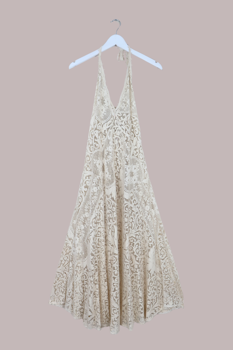 Lily Halter Maxi Dress in Almond Beige Lace - Size S