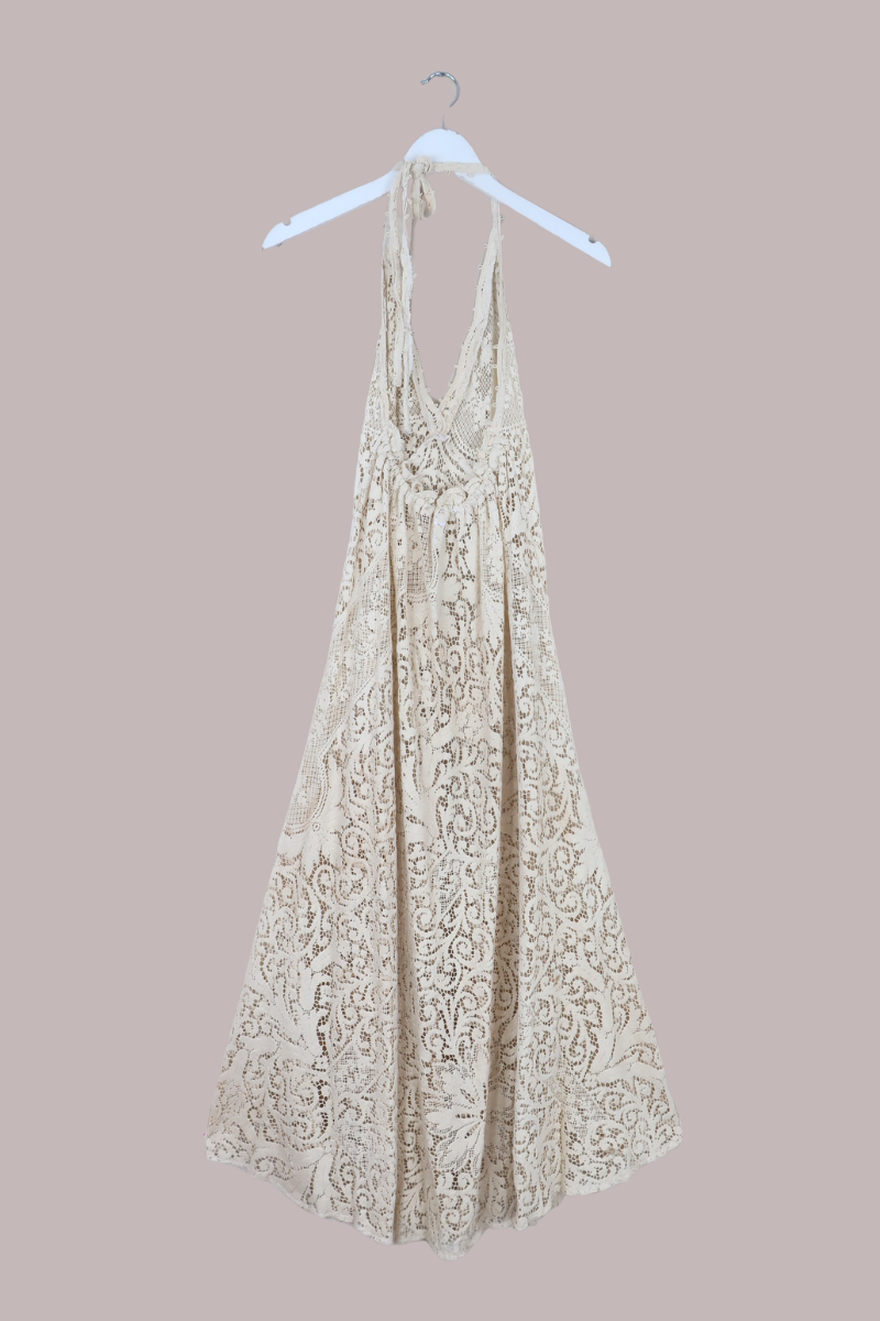 Lily Halter Maxi Dress in Almond Beige Lace - Size S