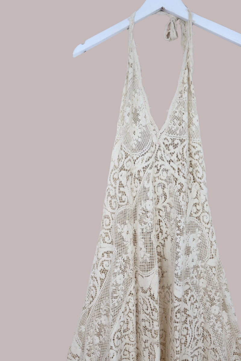 Lily Halter Maxi Dress in Almond Beige Lace - Size S