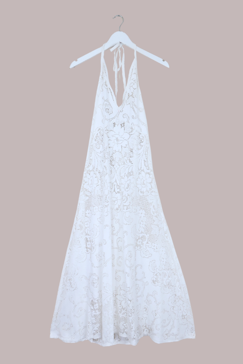 Lily Halter Maxi Dress in Fresh White Lace - Size S