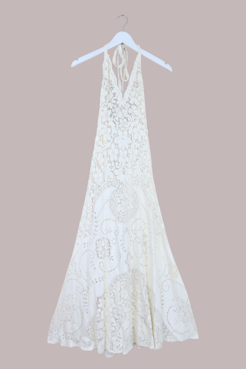Lily Halter Maxi Dress in Cream Daisy Lace - Size S