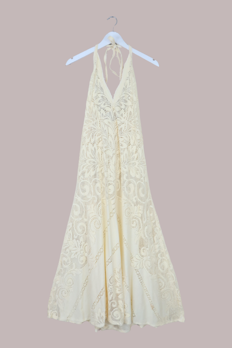 Lily Halter Maxi Dress in Buttermilk Yellow Lace - Size M/L