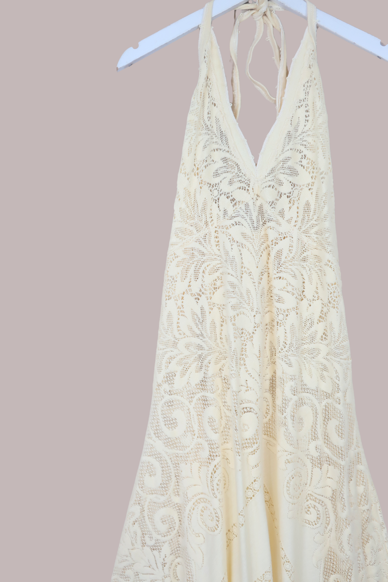 Lily Halter Maxi Dress in Buttermilk Yellow Lace - Size M/L