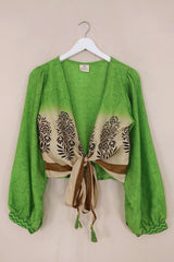 Lola Wrap Top - Citrus Green Thistles - Size S/M