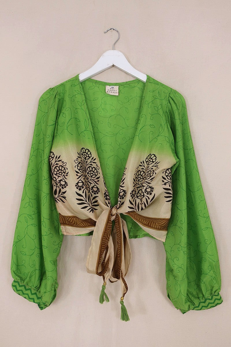 Lola Wrap Top - Citrus Green Thistles - Size S/M