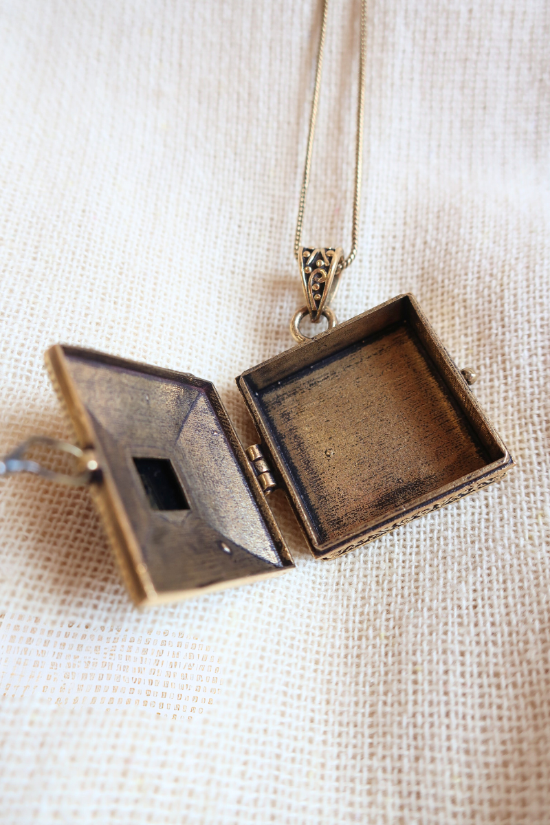 Ornate Locket Necklace in Gold with Marbled Tourmaline