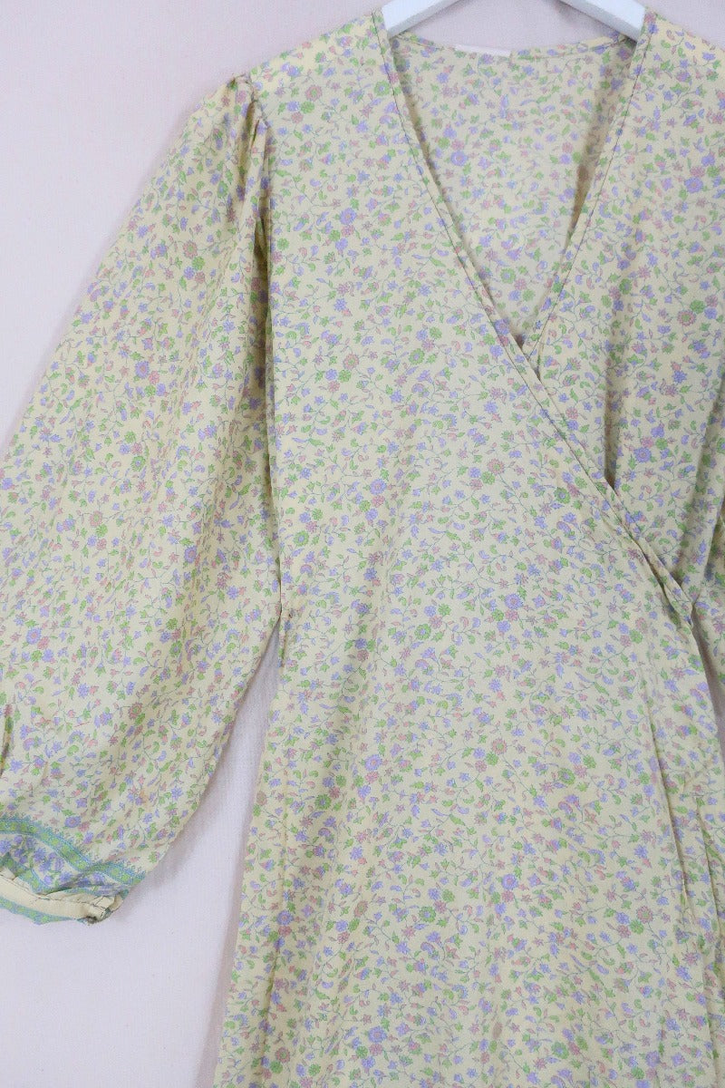 Lola Wrap Dress - Pastel Yellow Ditsy Floral - Size S/M by All About Audrey