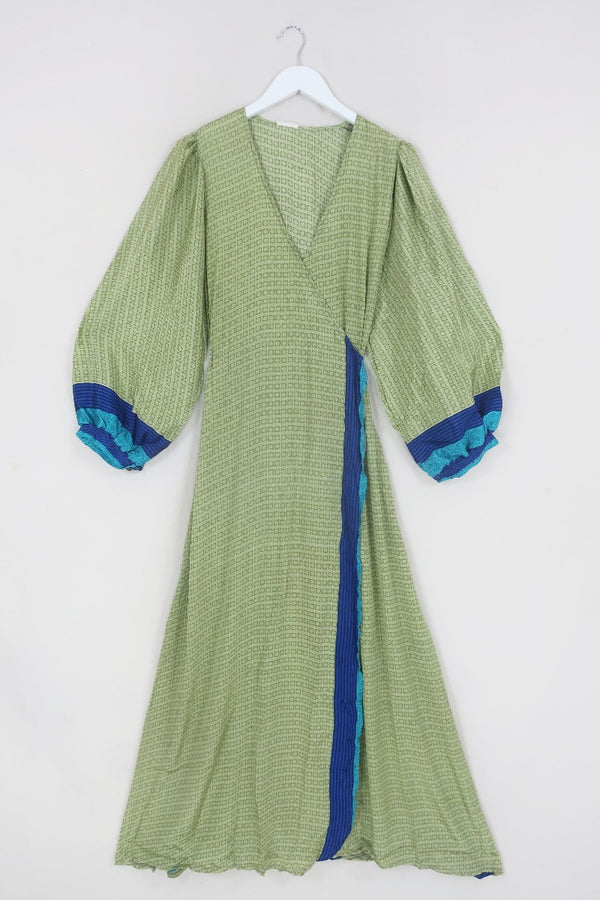 SALE Lola Wrap Dress - Bold Sage & Blue Stripe - Size S/M by All About Audrey