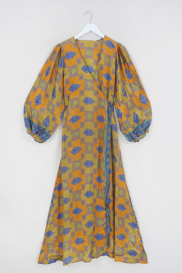 Lola Wrap Dress - Retro Gold, Rust & Indigo Patchwork - Size S/M By All About Audrey