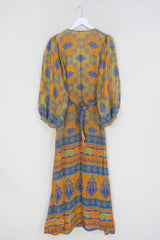 Lola Wrap Dress - Retro Gold, Rust & Indigo Patchwork - Size S/M By All About Audrey