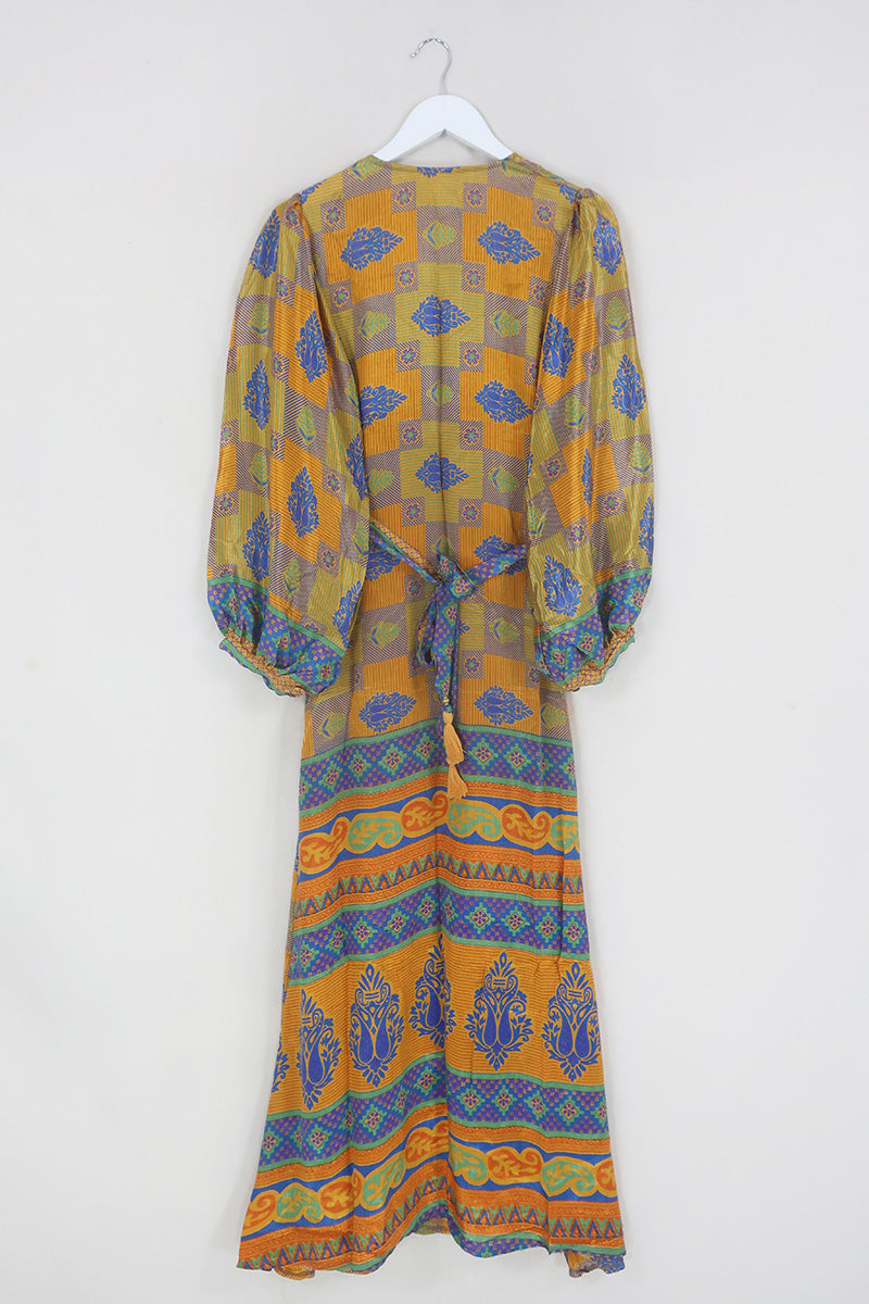 Lola Wrap Dress - Retro Gold, Rust & Indigo Patchwork - Size S/M By All About Audrey