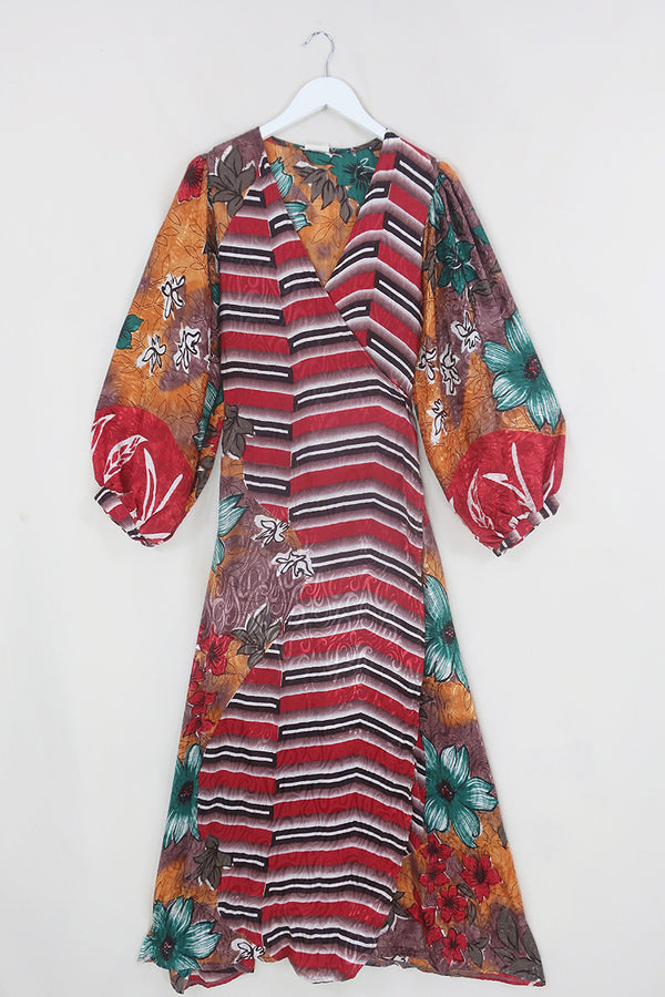Lola Wrap Dress - Earth Tone Floral & Liquorice Stripes - Size M/L By All About Audrey