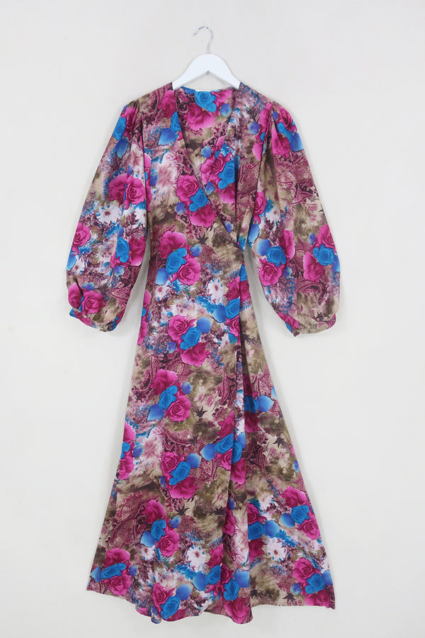Lola Wrap Dress - Sapphire & Cerise Pink Roses - Size S/M By All About Audrey
