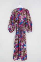 Lola Wrap Dress - Sapphire & Cerise Pink Roses - Size S/M By All About Audrey