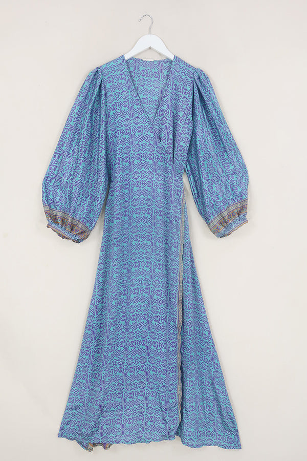 Lola Wrap Dress - Ice Blue & Violet Abstract - Size S/M By All About Audrey