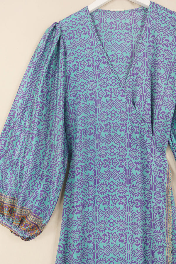 Lola Wrap Dress - Ice Blue & Violet Abstract - Size S/M By All About Audrey