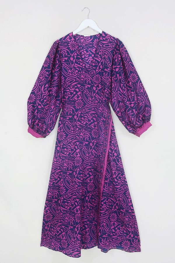 Lola Wrap Dress - Blackberry & Magenta Abstract - Size M/L By All About Audrey